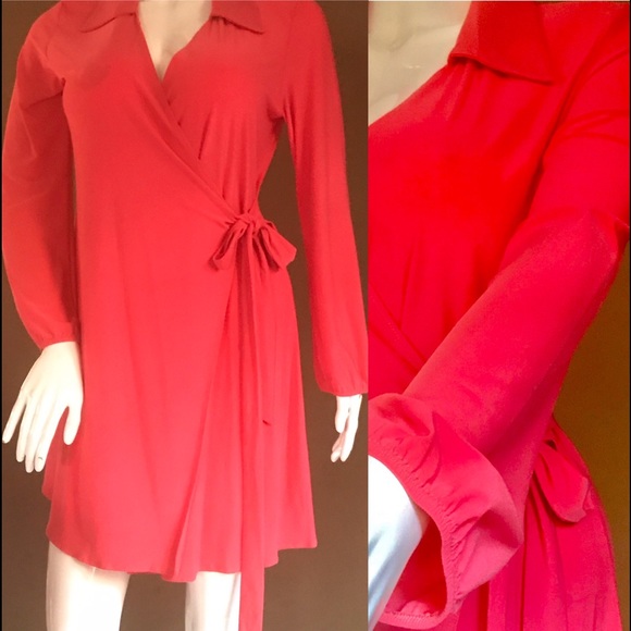 Women's Long-Sleeve Full Wrap Dress in Coral - Picture 1 of 8